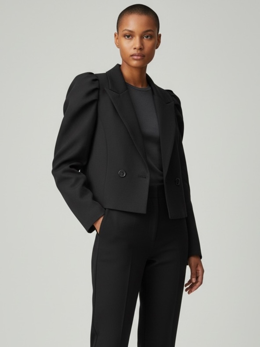 Adika Black Cropped Puff-Shoulder Blazer